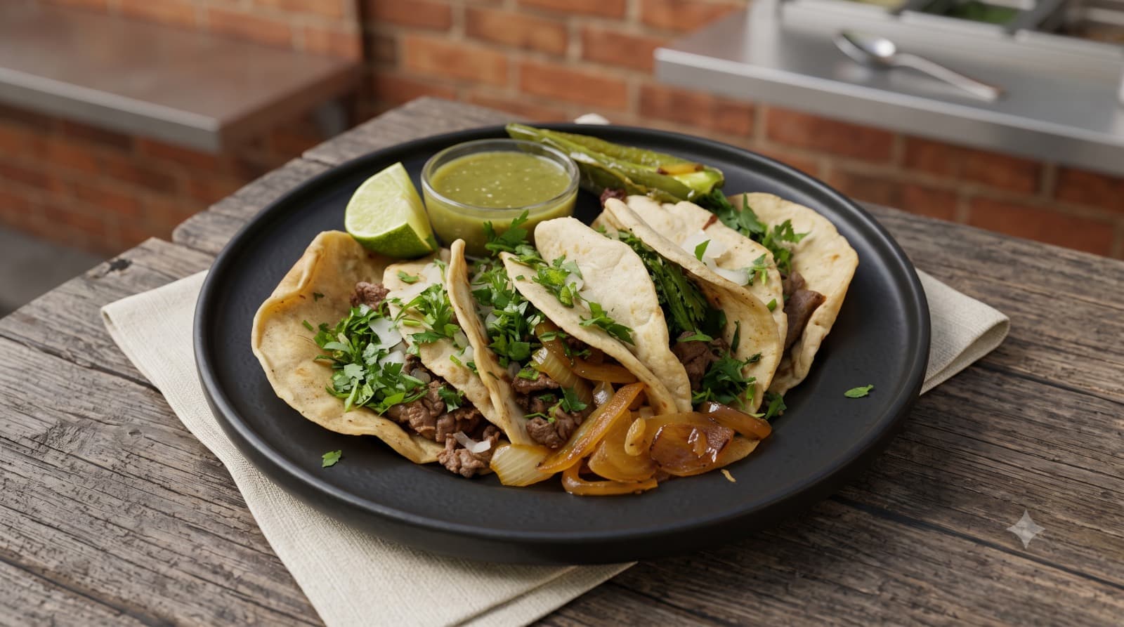 Freshly grilled carne asada tacos with onions, cilantro, and salsa verde — a signature dish at El Nopalito